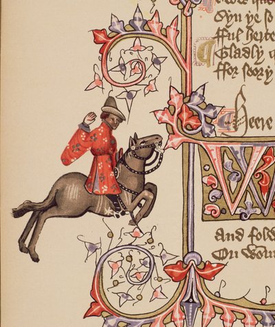 The Merchant (detail) from The Canterbury Tales, by Geoffrey Chaucer, Ellesmere Manuscript, facsimile edition, 1911 by English School